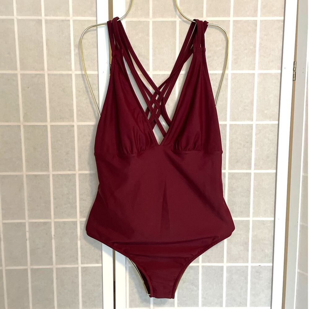Venus One Piece Swimsuit Sz 10 Burgundy Red Strappy Back Plunge Neck Lined Beach
